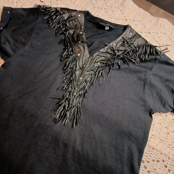 Vtg Rare Xperiance Tony Ward Womens L Blk Leather Fringe‎ Shirt Conchos Festival - Picture 1 of 12